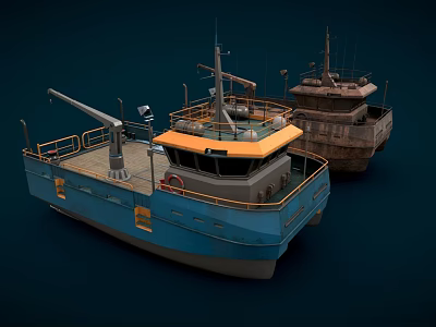 Blue And Old Vessels 3D Model With Deck Equipment And Structures 3d model