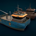 Blue And Old Vessels 3D Model With Deck Equipment And Structures