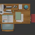 Wooden Study Desk With Bookshelf Globe Lamp Books Red Schoolbag And Matching Chair