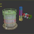 Industrial Equipment Including Large Silver Cylindrical Storage Tank Tall Green Vertical And Red Horizontal Tanks