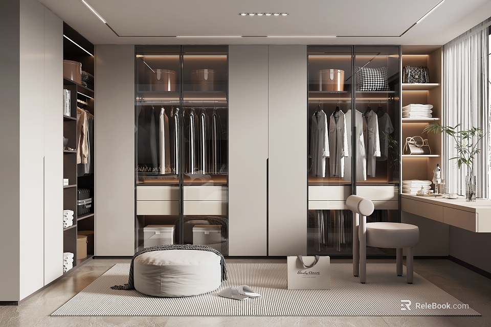 Modern Walk in Closet Interior Design With Glass Wardrobes Hanging Clothes Storage Stool And Rug 3d model 