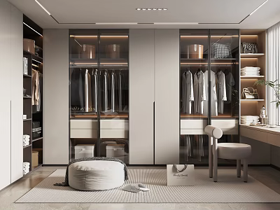 Modern Walk in Closet Interior Design With Glass Wardrobes Hanging Clothes Storage Stool And Rug 3d model