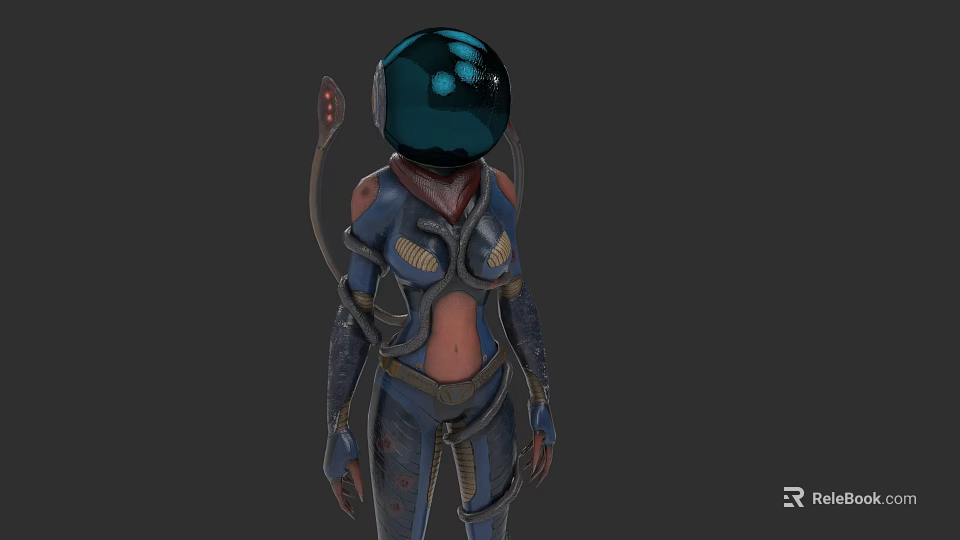 Futuristic Armored Character With Biomechanical Helmet Blue Lights And Mechanical Appendages 3d model 