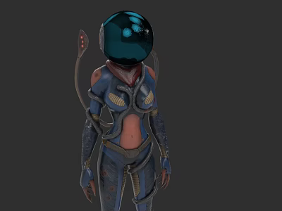 Futuristic Armored Character With Biomechanical Helmet Blue Lights And Mechanical Appendages 3d model