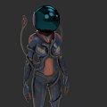 Futuristic Armored Character With Biomechanical Helmet Blue Lights And Mechanical Appendages