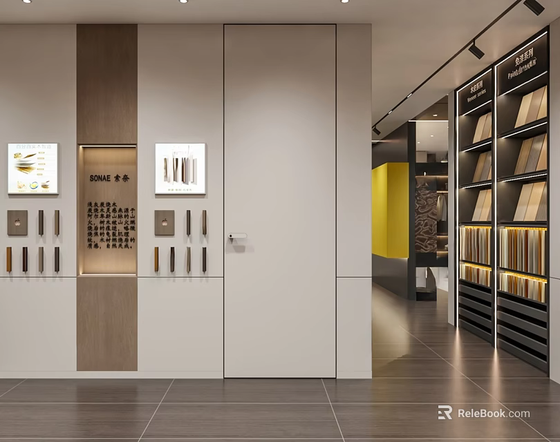 Modern Decorative Material Showroom Interior With Display Shelves Various Samples And Lighting 3d model