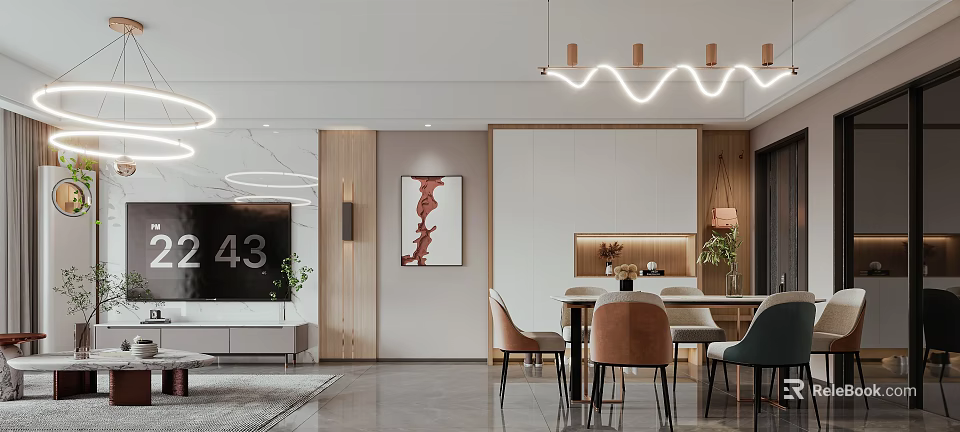 Modern Living Dining Room Interior Design With Dining Table Chairs Pendant Lights And Decorative Painting 3d model 