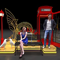SOHO Scene with Red Telephone Booth Bench Street Lamp Wing Decoration Pigeons and People