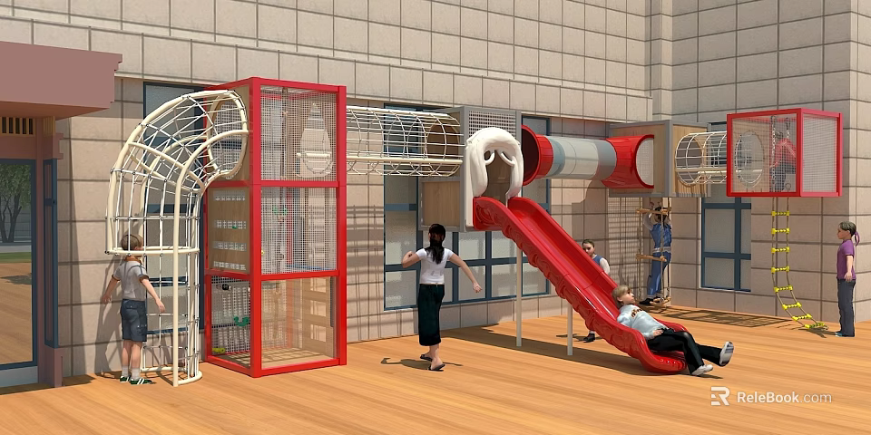 Kindergarten Indoor Playground with Red Slide Climbing Net Transparent Red Structure and Children Playing 3d model 