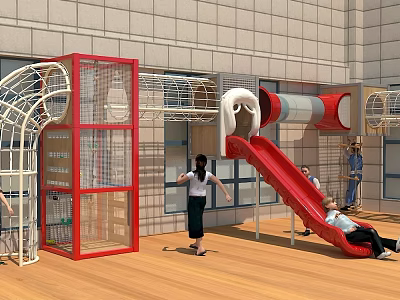 Kindergarten Indoor Playground with Red Slide Climbing Net Transparent Red Structure and Children Playing 3d model