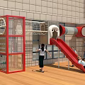 Kindergarten Indoor Playground with Red Slide Climbing Net Transparent Red Structure and Children Playing