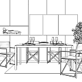 Minimalist Dining Table Set With Black Frame Four Chairs Wall Art And Tableware