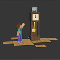Minecraft Style Decorative Figurine And Grandfather Clock Ornament Set On Checkerboard Wooden Base