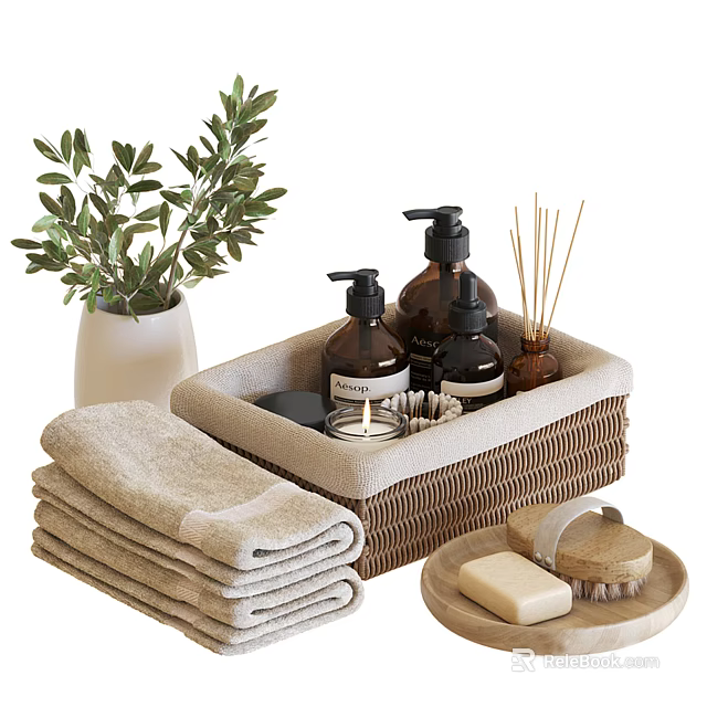 Modern Natural Bathroom Accessories with Folded Towels Wicker Storage Basket Reed Diffuser Soap and Brush 3d model 