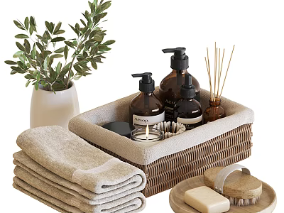 Modern Natural Bathroom Accessories with Folded Towels Wicker Storage Basket Reed Diffuser Soap and Brush 3d model