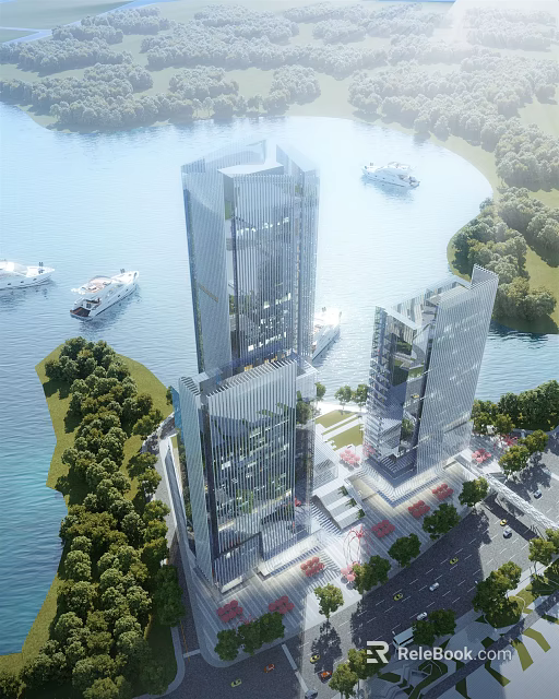 Aerial View Urban Planning with Modern High Rise Buildings River Boats Greenery and Roads 3d model 