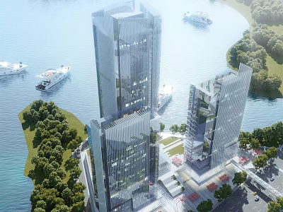 Aerial View Urban Planning with Modern High Rise Buildings River Boats Greenery and Roads 3d model