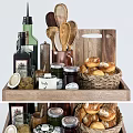 Kitchen Utensils Display On Wooden Tray With Jars Bread Basket And Spoons