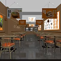 Wooden Restaurant Interior With Bright Lighting Menu Posters Tables And Orange Chairs