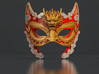 Traditional Chinese Dragon Mask With Red Gold Flame And Cloud Patterns 3d model