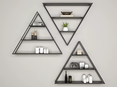 Triangular Wall Cabinets Mounted on Grey Wall With Decorative Items Books And Plants 3d model
