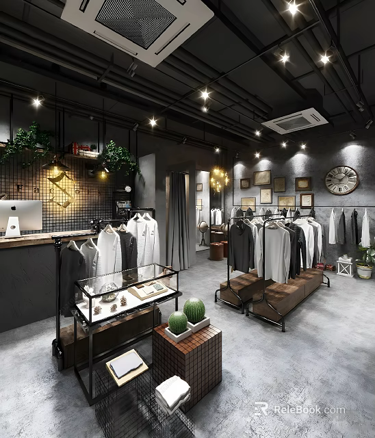 Fashion Boutique Interior With Hanging Apparel Display Cases Green Plants Wall Clock And Leather Bench 3d model 