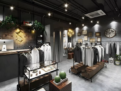 Fashion Boutique Interior With Hanging Apparel Display Cases Green Plants Wall Clock And Leather Bench 3d model