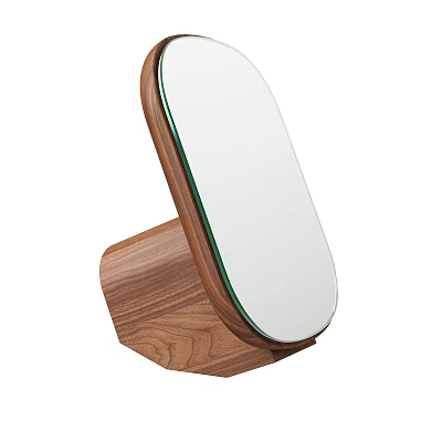 Modern Oval Mirror with Walnut Wooden Base and Smooth Surface Design 3d model