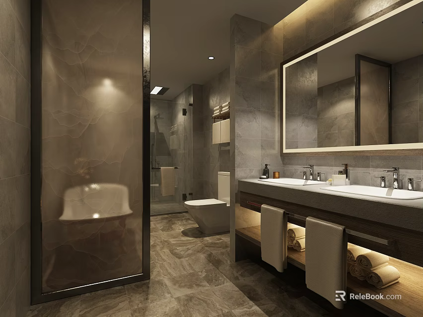 Modern Hotel Bathroom Design With Double Vanity Large Mirror And Shower Enclosure 3d model 
