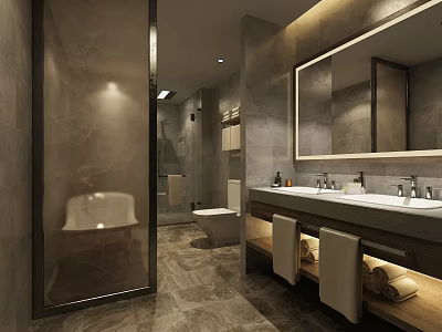 Modern Hotel Bathroom Design With Double Vanity Large Mirror And Shower Enclosure 3d model