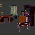 Dark Wooden Desk With Red Countertop Glass Door Cabinet Bookshelf Orange Chair And Table Lamp