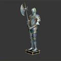 Blue Knight Armor With Ornate Design Axe Spear And Golden Base
