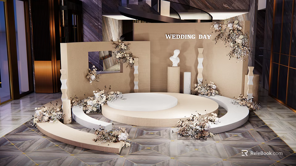 Elegant Wedding Photo Spot With Round Stage Decorative Flowers Sculptures And Mirror 3d model 