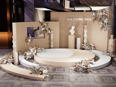 Elegant Wedding Photo Spot With Round Stage Decorative Flowers Sculptures And Mirror 3d model