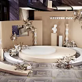 Elegant Wedding Photo Spot With Round Stage Decorative Flowers Sculptures And Mirror
