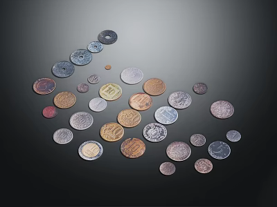Vintage Coins In Various Colors And Sizes Scattered On Black Background 3d model