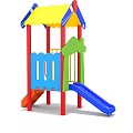Colorful Playground Equipment with Slides Canopy Roof Red Posts Blue Railings for Kids