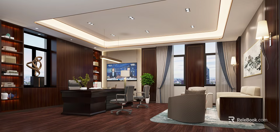 Modern Office Interior with Wooden Desk TV Screen Office Chairs Green Plant Sofa and Windows 3d model 