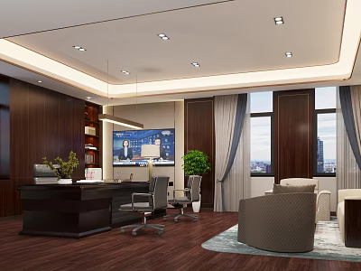 Modern Office Interior with Wooden Desk TV Screen Office Chairs Green Plant Sofa and Windows 3d model