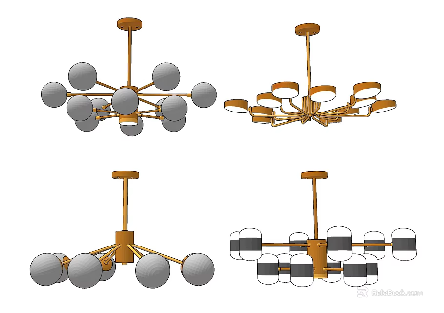 Modern Decorative Chandeliers with Golden Metal Frame and Spherical Glass Shades in Various Styles 3d model 