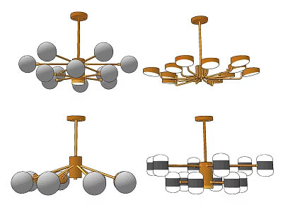 Modern Decorative Chandeliers with Golden Metal Frame and Spherical Glass Shades in Various Styles 3d model