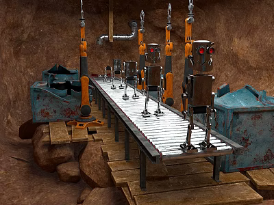 Sci Fi Underground Robot Assembly Line With Mechanical Arms On Rocky Terrain 3d model