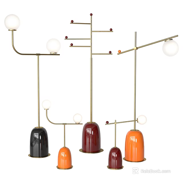 Modern Floor Lamps With Colorful Bases Golden Stands And White Spherical Shades 3d model 
