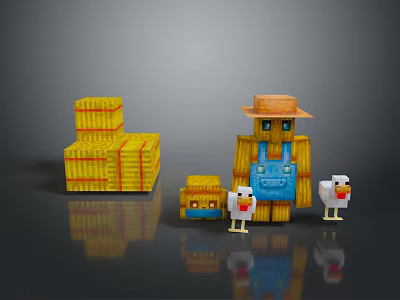 Minecraft Scarecrow Character With Hay Bales And Chickens In Game Scene 3d model