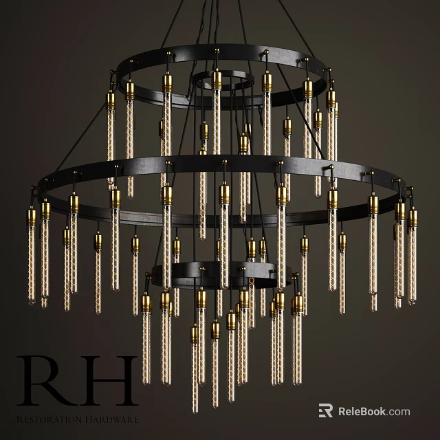 Elegant Modern Chandelier With Black Metal Ring Frame And Gold Hanging Light Strips 3d model 