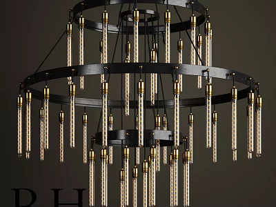Elegant Modern Chandelier With Black Metal Ring Frame And Gold Hanging Light Strips 3d model