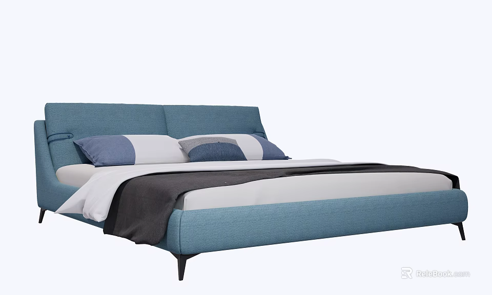 Modern Blue Upholstered Double Bed With Soft Pillows And Cozy Bedding 3d model