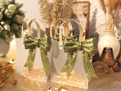 Elegant White Gift Bags With Gold Glitter Bows In Decorative Setting and Floral Arrangements 3d model