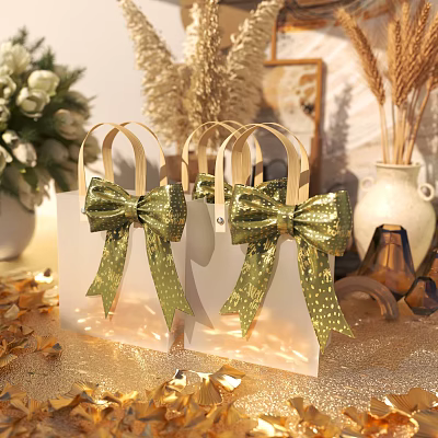 Elegant White Gift Bags With Gold Glitter Bows In Decorative Setting and Floral Arrangements 3d model