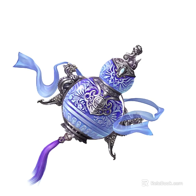 Ornate Blue Gourd Shaped Weapon With Intricate Silver Patterns And Purple Ribbons 3d model 